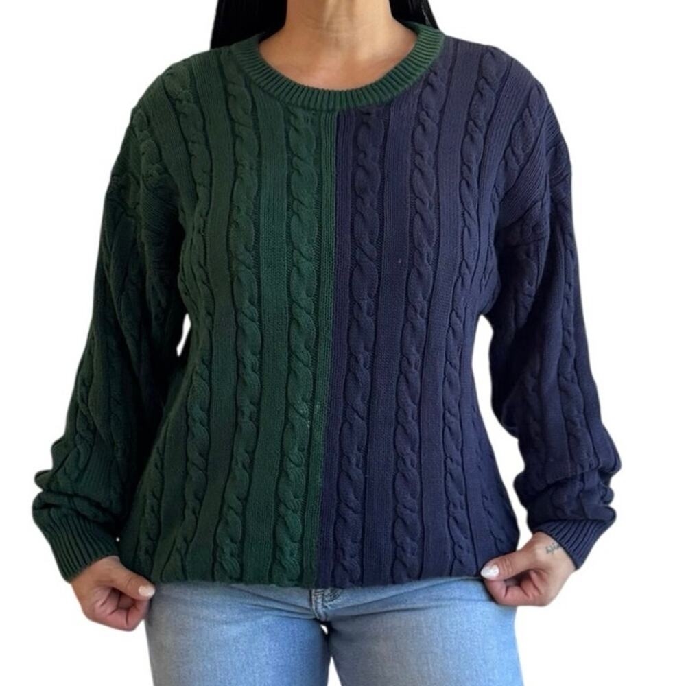 Vintage John Ashford 90s Colorblock Cable Knit Sweater Green Navy Cotton L